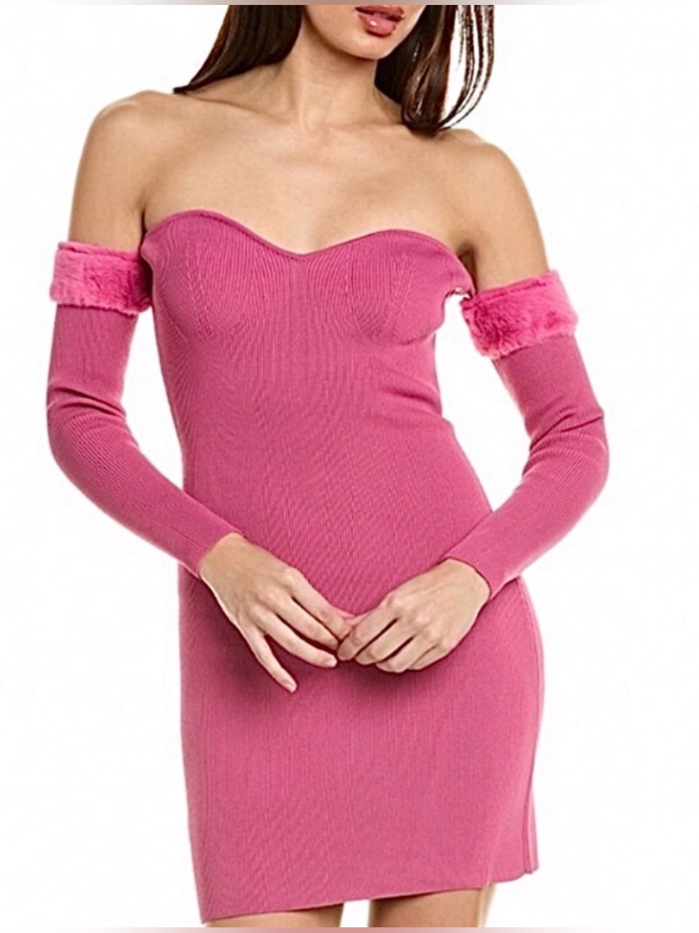 Staud Josee Fur Trimmed Long Sleeve Pink Mini Dress , New